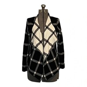 IZOD Womens‎ Black White Windowpane Plaid Drape Neck Open Front Cardigan Small